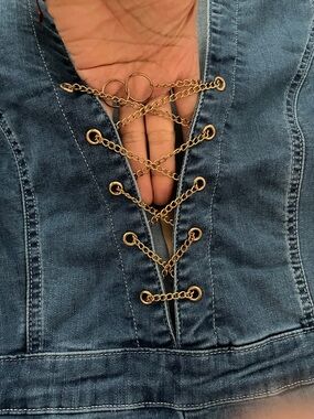 Fashion Nova Dark Blue Lace-Up Denim Overalls with Gold Chain